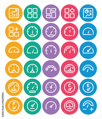 Circle color outline icons set for Dashboard, Speedometer