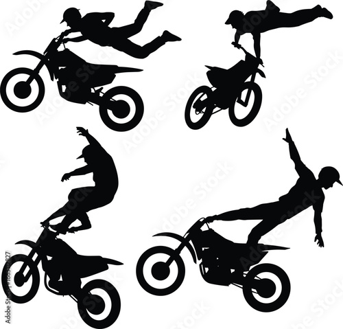 Silhouettes of motocross riders performing extreme stunts, dirt bike tricks, freestyle jumps, adrenaline action, motorcycle sports, racing energy, speed motion