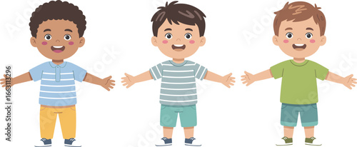 Smiling cartoon boys standing with open arms, happy kids illustration, friendship, childhood diversity, flat character design, boys isolated vector.