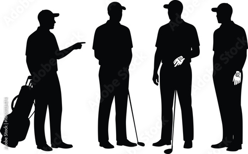 Silhouette of four men playing golf, golf bags, casual golf wear, standing with clubs, outdoor sports, teamwork, golf game, male golfers, leisure activity, conversation moment