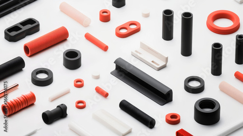 Abstract arrangement of varied plastic and rubber pieces. Showing colorful industrial components on minimalistic white background.