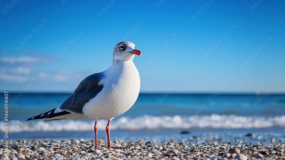 Obraz premium Black and White Seagull on Beach with Wind-Ruffled Feathers and Clear Blue Sky - Realistic Telephoto View 
