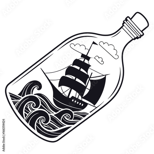 Ship in bottle with stormy sea silhouette
