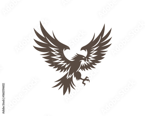Brown Stylized Eagle with Wings Spread Wide on White Background bird raptor