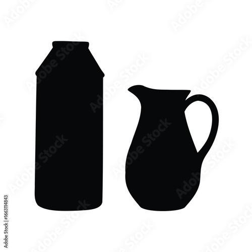 Silhouetted Milk Carton and Pitcher with White Background, Classic Black Shapes