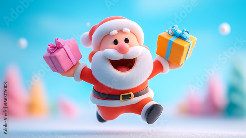 Merry Christmas. Cute, funny and cheerful Santa Claus happily runs forward with a gift in his hands. Funny cartoon hurries to Christmas