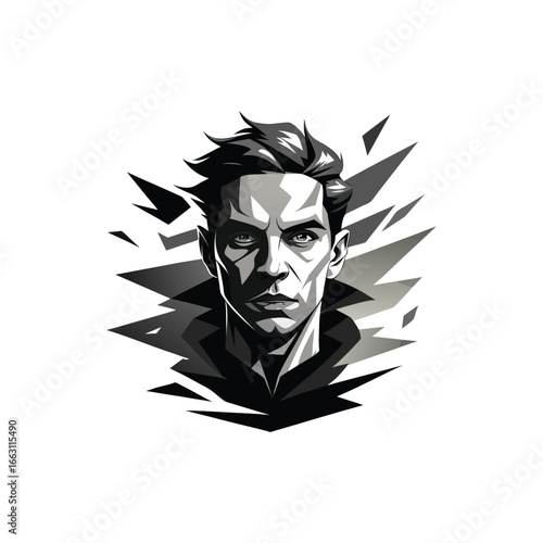 Stylized Black and White Portrait of a Man with Sharp Geometric Background headshot male