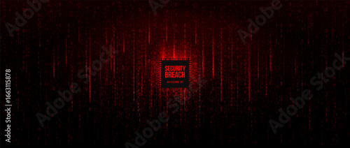 Security Breach Alert Red Binary Code Falling Digital Rain With Glowing Cyber Chip. Futuristic Abstract Background Concept For Hacking, Cybersecurity Risk and Data Fraud Themes BG. Vector Backdrop