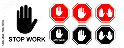 stop work authority icon, stop hand icon over red polygon