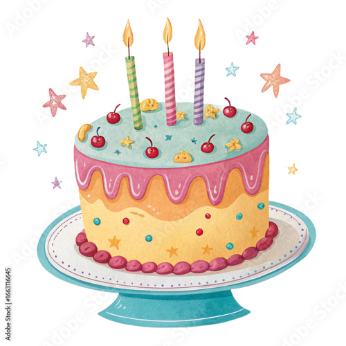 Cartoon style birthday cake with candles on transparent background for party invitations, celebration posters, children’s events and festive designs




