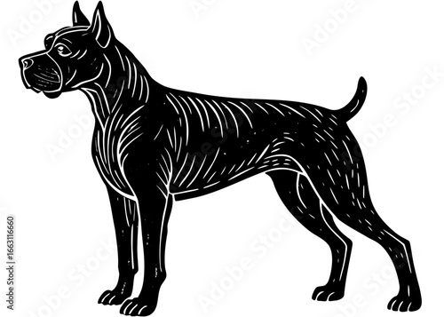 Boxer Dog Standing Silhouette Linocut, Loyal Guard Pet Vector Clipart