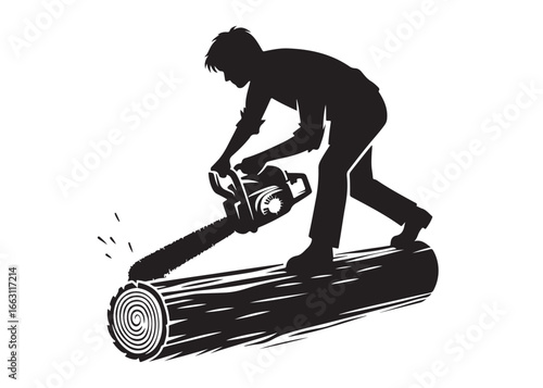 chainsaw cutting logo silhouette vector, chainsaw silhouette logo design illustration, chainsaw silhouette powerful vector design, woodcutter with chainsaw logo silhouette vector on white background 