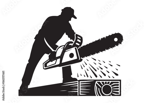chainsaw cutting logo silhouette vector, chainsaw silhouette logo design illustration, chainsaw silhouette powerful vector design, woodcutter with chainsaw logo silhouette vector on white background 