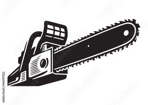 chainsaw cutting logo silhouette vector, chainsaw silhouette logo design illustration, chainsaw silhouette powerful vector design, woodcutter with chainsaw logo silhouette vector on white background 