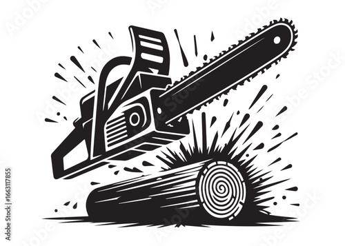 chainsaw cutting logo silhouette vector, chainsaw silhouette logo design illustration, chainsaw silhouette powerful vector design, woodcutter with chainsaw logo silhouette vector on white background 