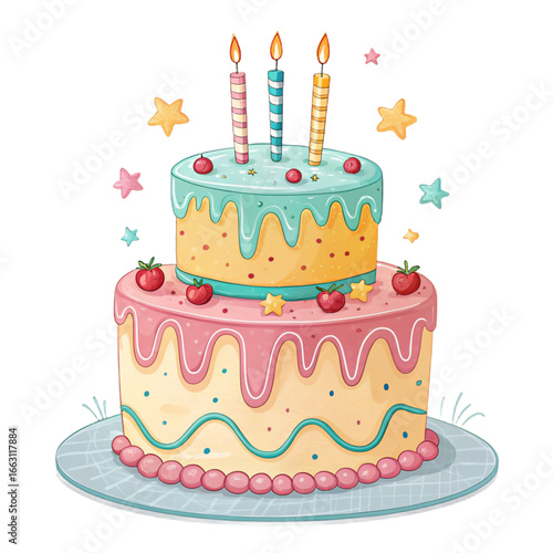 Cartoon style birthday cake with candles on transparent background for party invitations, celebration posters, children’s events and festive designs




