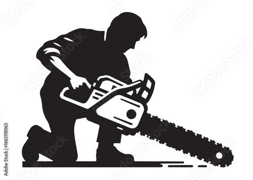 chainsaw cutting logo silhouette vector, chainsaw silhouette logo design illustration, chainsaw silhouette powerful vector design, woodcutter with chainsaw logo silhouette vector on white background 