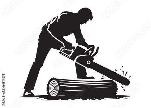 chainsaw cutting logo silhouette vector, chainsaw silhouette logo design illustration, chainsaw silhouette powerful vector design, woodcutter with chainsaw logo silhouette vector on white background 