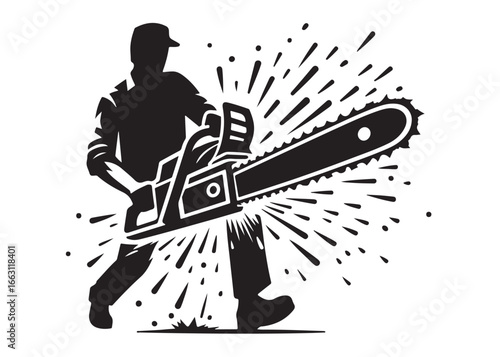chainsaw cutting logo silhouette vector, chainsaw silhouette logo design illustration, chainsaw silhouette powerful vector design, woodcutter with chainsaw logo silhouette vector on white background 