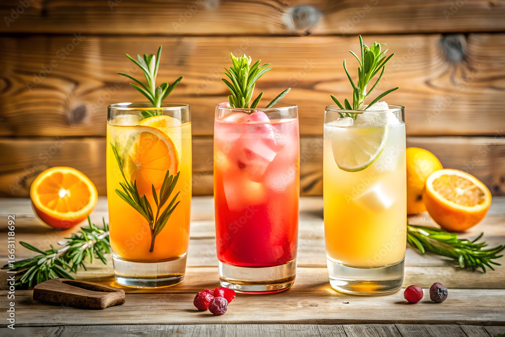 Fototapeta premium Three Refreshing Cocktails with Garnish on Wooden Surface