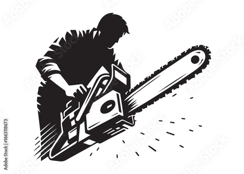 chainsaw cutting logo silhouette vector, chainsaw silhouette logo design illustration, chainsaw silhouette powerful vector design, woodcutter with chainsaw logo silhouette vector on white background 