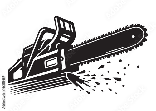 chainsaw cutting logo silhouette vector, chainsaw silhouette logo design illustration, chainsaw silhouette powerful vector design, woodcutter with chainsaw logo silhouette vector on white background 