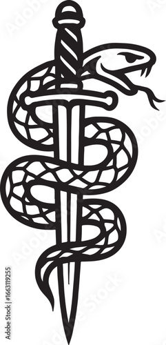 Snake wrapped around a dagger isolated on white background