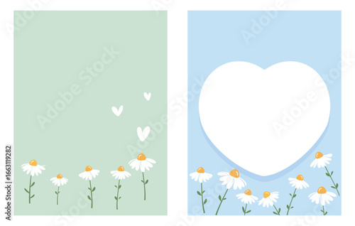 Set of daisy chamomile flower and hand drawn hearts on green and blue backgrounds vector.