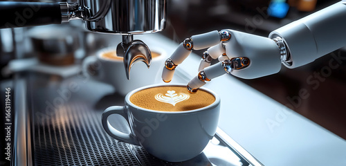 Robotic arm crafting latte art with precision and grace, a glimpse into the future of automated barista service and innovative coffee experiences