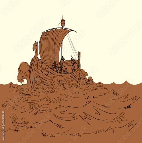 Vector drawing. Sailors on a ship in a storm