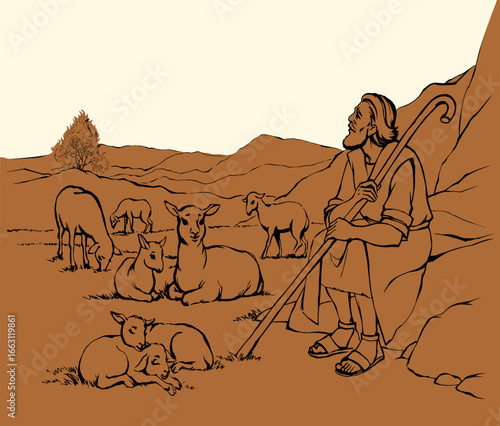 Vector drawing. Shepherd with sheep. Moses look at flaming bush