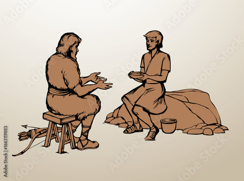 Vector drawing. Jacob gives soup to Esau
