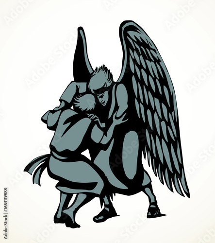 Vector drawing. Man fight with Angel