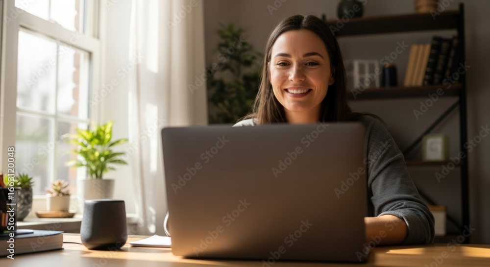 Fototapeta premium Smiling Woman Working from Home on Laptop in Sunny Room