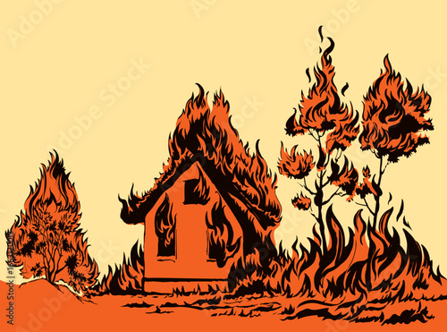 Vector drawing. Burning house and trees