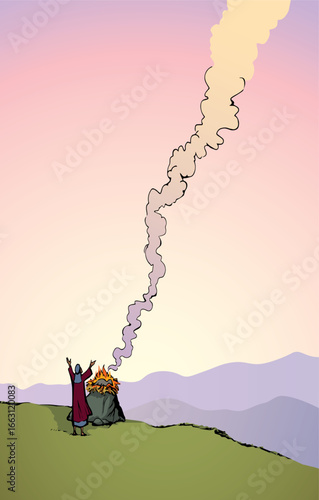 Vector drawing. Noah Offers a Sacrifice to God