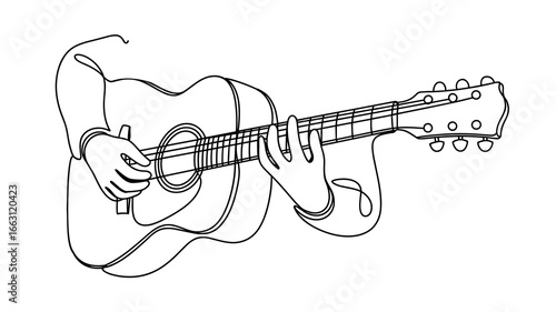 Continuous line drawing of acoustic guitar player musician minimalist vector illustration