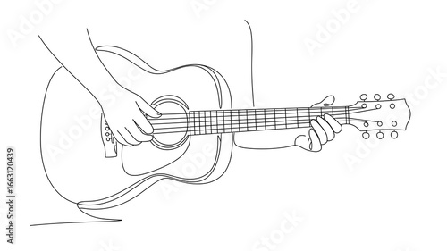 Continuous line drawing of acoustic guitar playing minimalist vector illustration