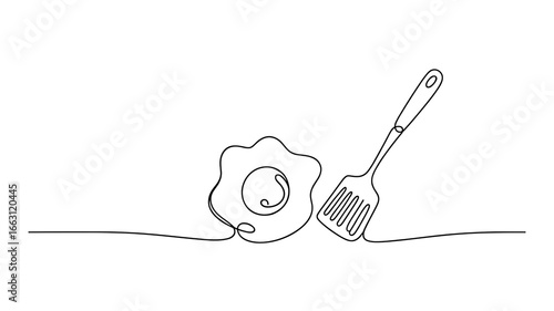 Continuous line drawing of fried egg with spatula minimalist vector illustration