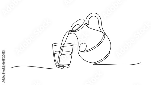 Continuous line drawing of water jug pouring into glass minimalist vector illustration