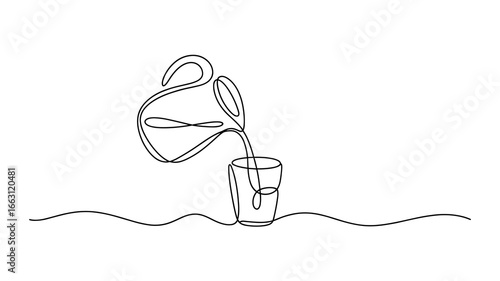 Continuous line drawing of water jug pouring into glass minimalist vector illustration