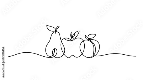Continuous line drawing of pear apple and peach fruits minimalist vector illustration