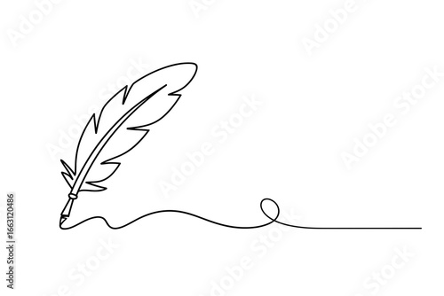 Continuous line drawing of feather quill pen minimalist vector illustration