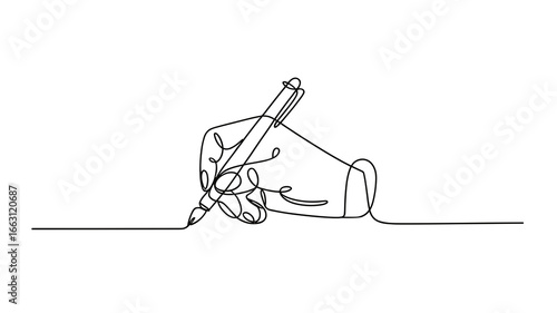 Continuous line drawing of hand writing with pen minimal illustration