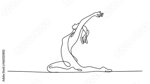 Continuous line drawing of woman doing yoga stretching pose vector illustration