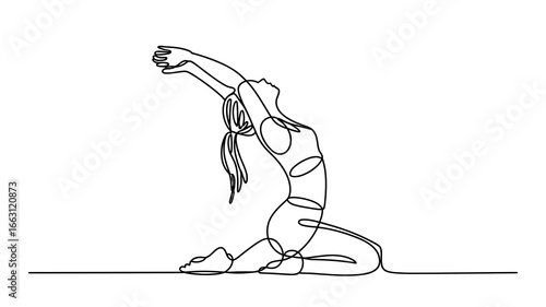 Continuous line drawing of woman doing yoga stretching pose vector illustration