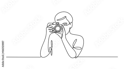 Continuous line drawing of photographer holding camera taking picture minimalist vector illustration