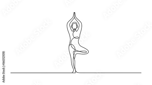 Continuous line drawing of woman doing yoga tree pose minimalist vector illustration