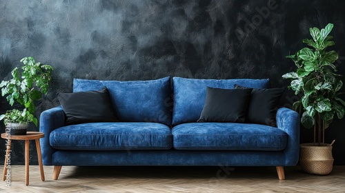 Blue couch in modern room with plants