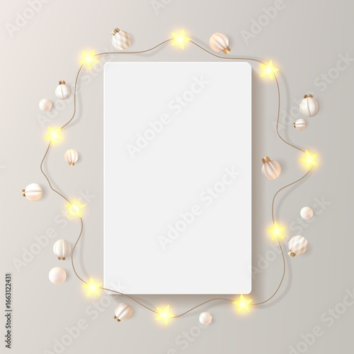 Rectangular card decorated with light garland. Vertical picture frame, star shape bulbs glow. Portrait print mockup, festive ornate xmas pastel decor. Luxury festoon border for art, product poster box